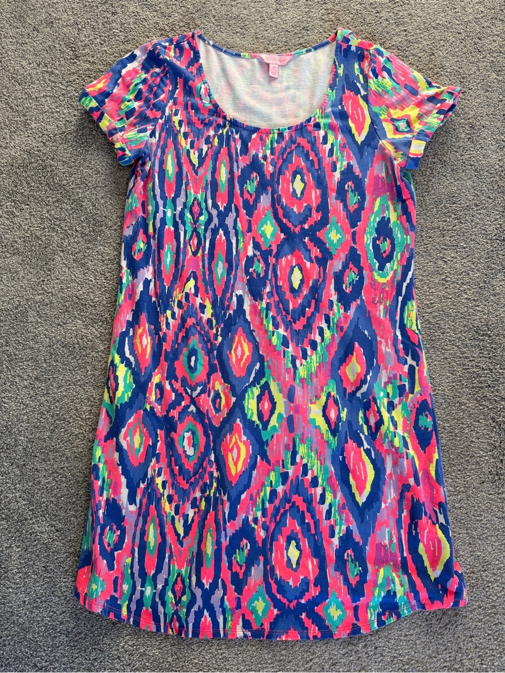Lilly Pulitzer Neon Ikat Short Sleeve Dress - Navy Pink Green Yellow